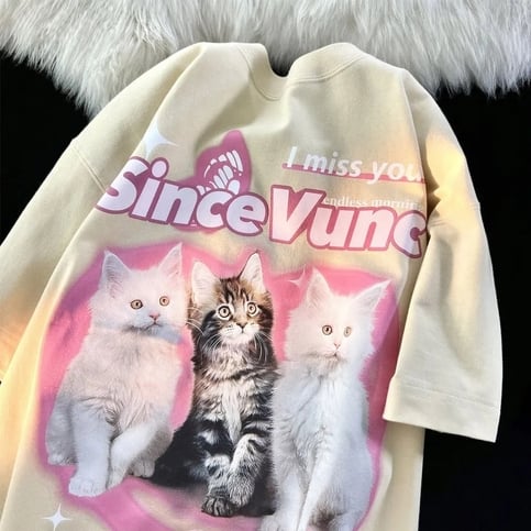 Retro Cat Print Short Sleeve T-shirt