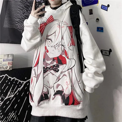 Cute Pink Anime Girl Cartoon Graphic Print Oversized Fleece Hoodie Sweatshirt Aesthetic Casual E-Girl Kawaii Korean Japanese Harajuku