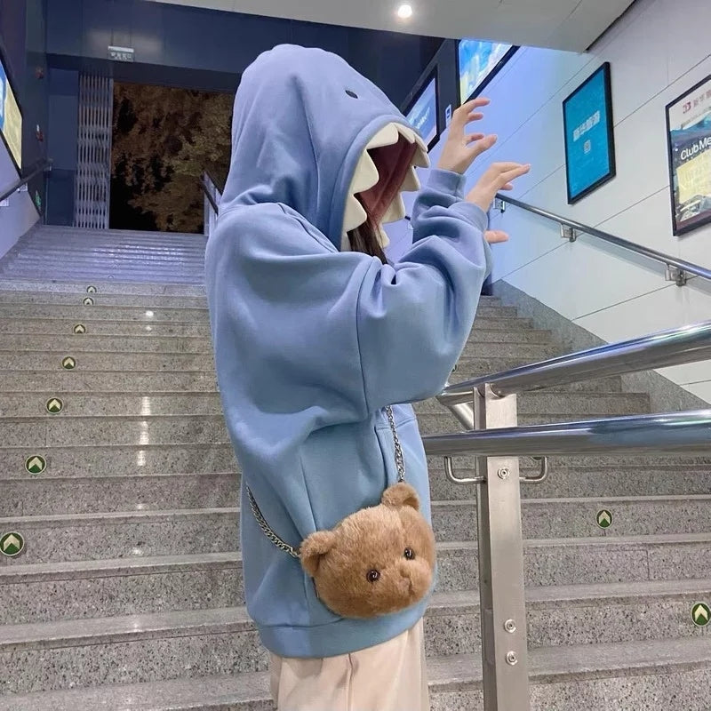 Cute Funny Shark Cartoon Patchwork Oversize Hoodie Sweatshirt Long Sleeve Pullover Aesthetic Casual E-Girl Kawaii Korean Japanese Harajuku