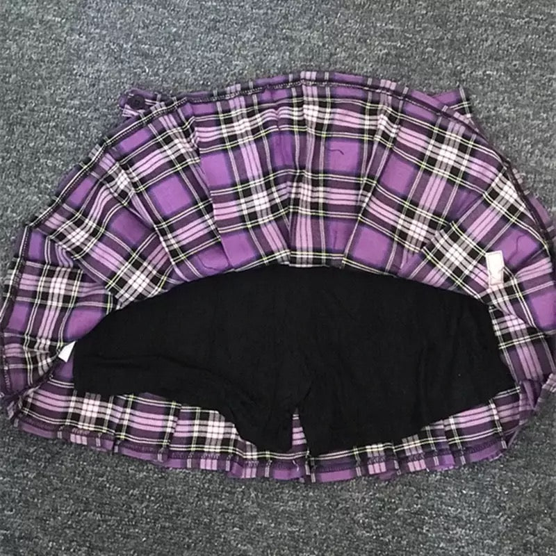 Purple Plaid Spring Summer High Waisted Pleated Skirt School Girl Skater Bottoms E-Girl Kawaii Korean Japanese Harajuku Streetwear