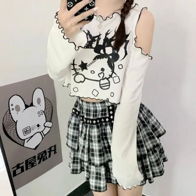 Cat Off Shoulder Frill Long Sleeve Shirt