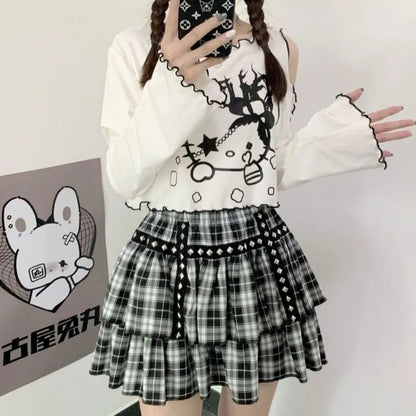 Cat Off Shoulder Frill Long Sleeve Shirt