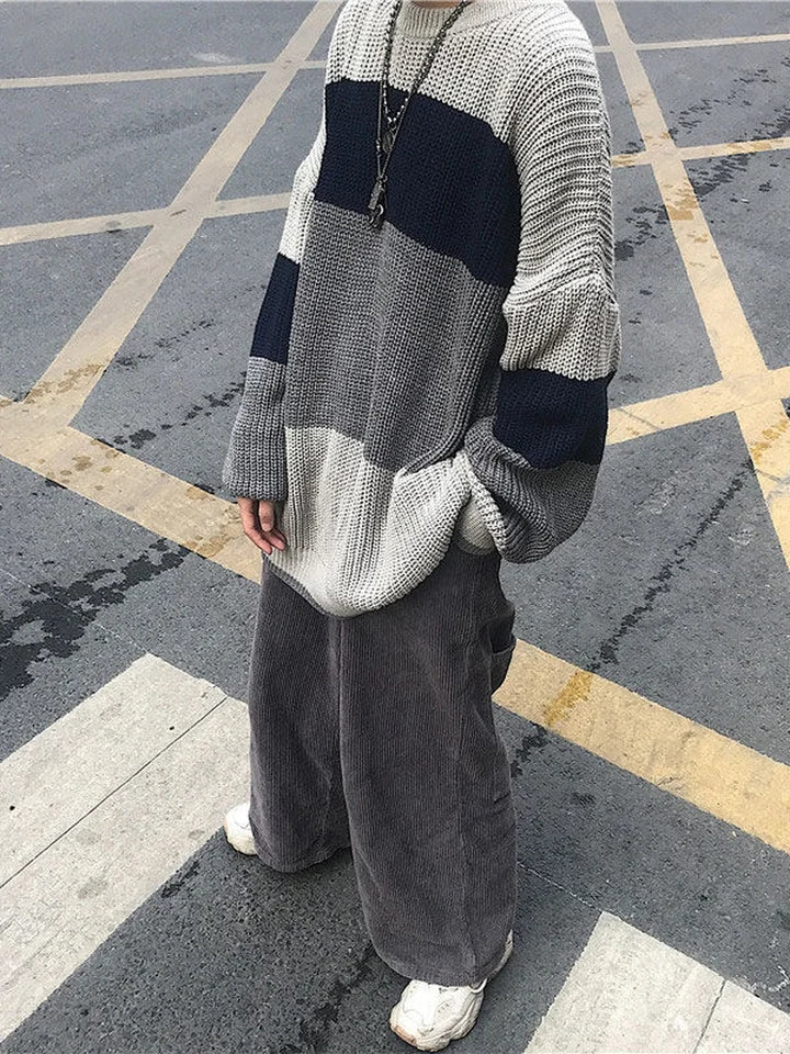 Grey Stripe Patchwork Sweater