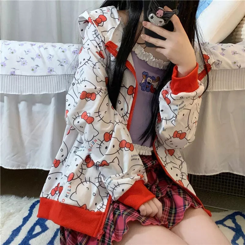 Cute Kitty Cat Cartoon Print Oversized Zipper Hoodie Sweatshirt Long Sleeve Pullover Aesthetic Casual Summer E-Girl Kawaii Korean Japanese Harajuku