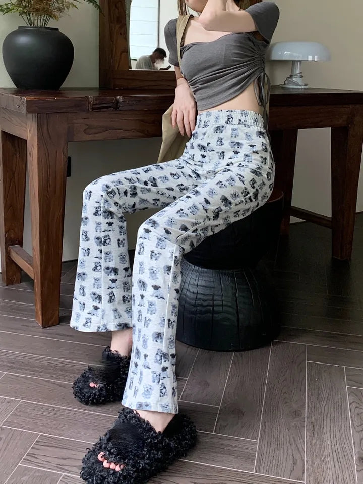 Puppy & Kitten Print Flare Trousers