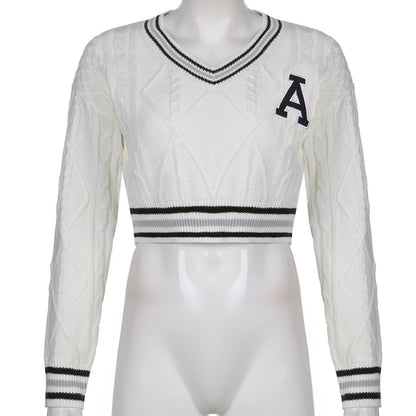 White Varsity V Neck Long Sleeve Crop Top Knit Pullover Sweater Jumper Autumn Aesthetic Casual E-Girl Kawaii Korean Japanese Harajuku