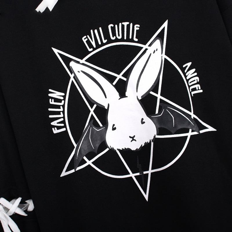Cute Rabbit Evil Pentagon Lace Up Long Sleeve Hoodie Oversize Sweater Sweatshirt Pullover Jumper E-Girl Kawaii Korean Japanese Harajuku Streetwear