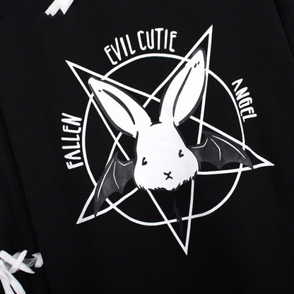Cute Rabbit Evil Pentagon Lace Up Long Sleeve Hoodie Oversize Sweater Sweatshirt Pullover Jumper E-Girl Kawaii Korean Japanese Harajuku Streetwear