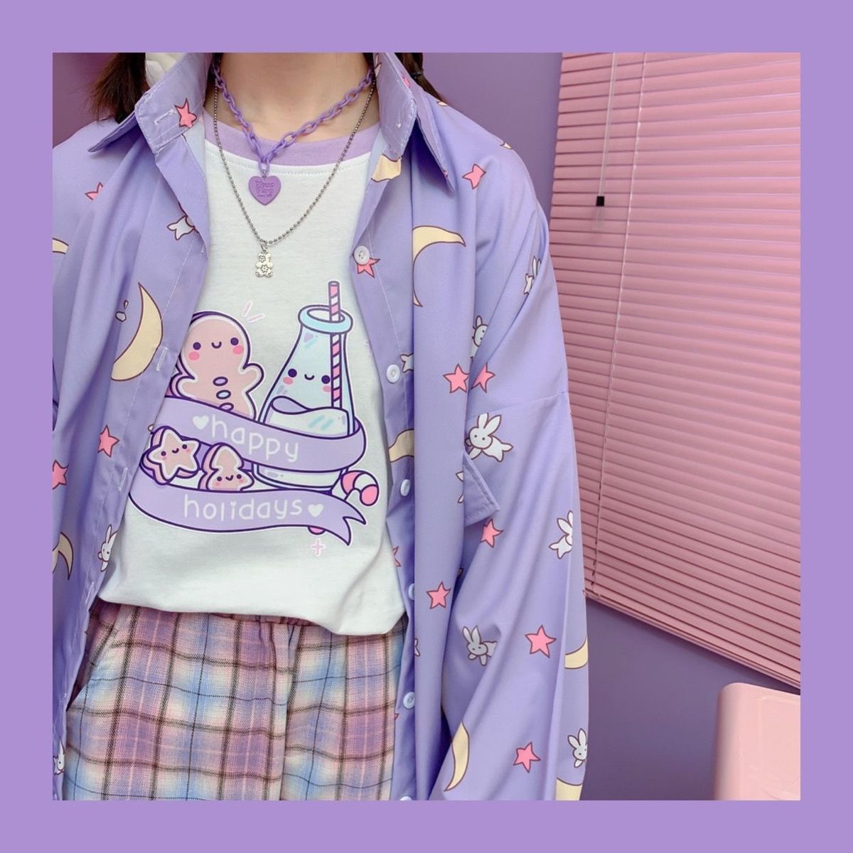 Pastel Purple Anime Star Moon Cartoon Blouse Oversized Long Sleeve Shirt Loose Button Autumn Winter E-Girl Kawaii Korean Japanese Harajuku Streetwear