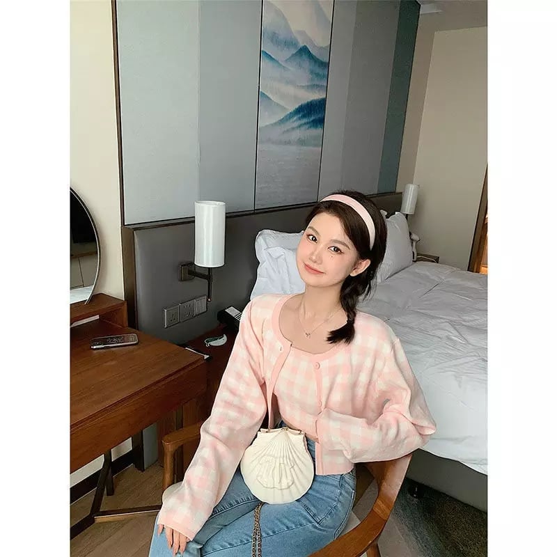 Cute Pastel Candy 2pcs Soft Plaid Knit Cardigan Sweater + Crop Top Vest Aesthetic Casual Summer E-Girl Kawaii Korean Japanese Harajuku