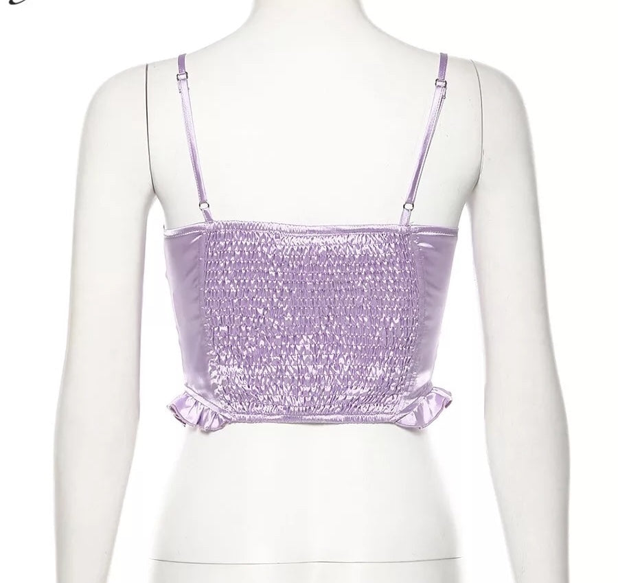 Cute Sexy Purple Silk V Neck Ruffled Blouse Crop Top Shirt Tee T-shirt Kawaii Korean Japanese Harajuku Chinese Retro Streetwear Aesthetic Fashion