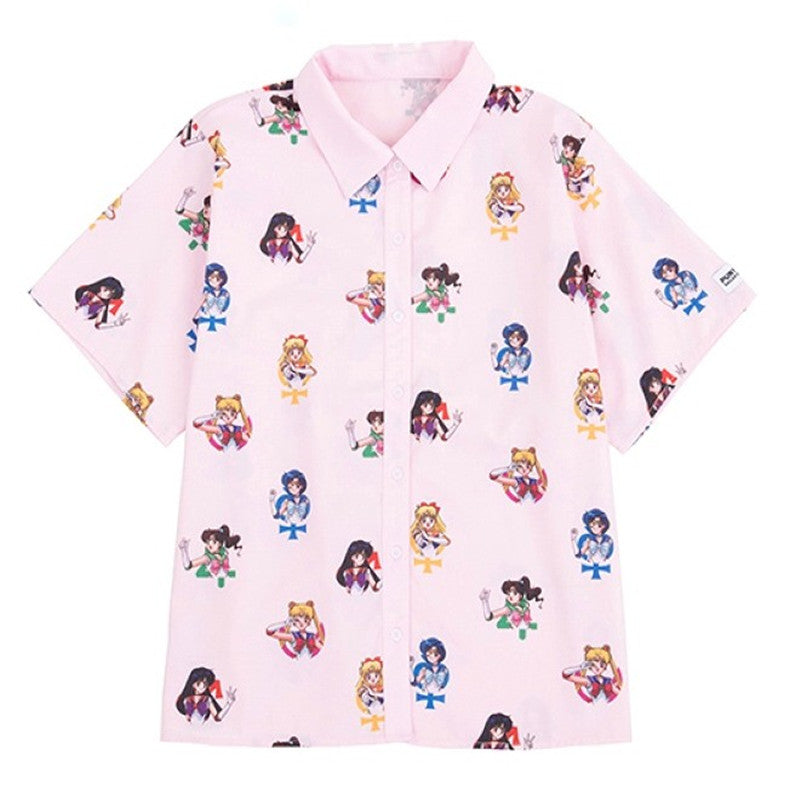 Pastel Anime Girl Japanese Print Cartoon Button Down Short Sleeve Shirt