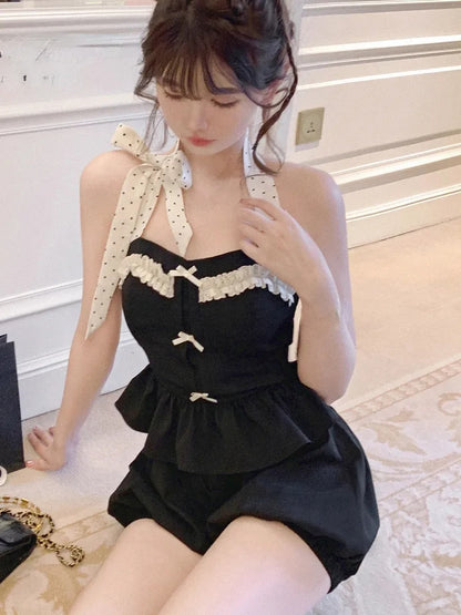 2PCS Vintage Polka Dot Bow Halter Top + Shorts