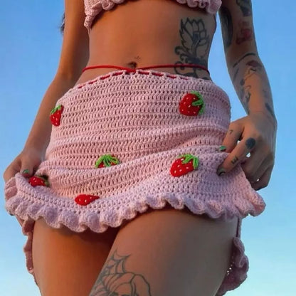 Pink Strawberry Crochet Knit Top + Sash Beach Mini Skirt