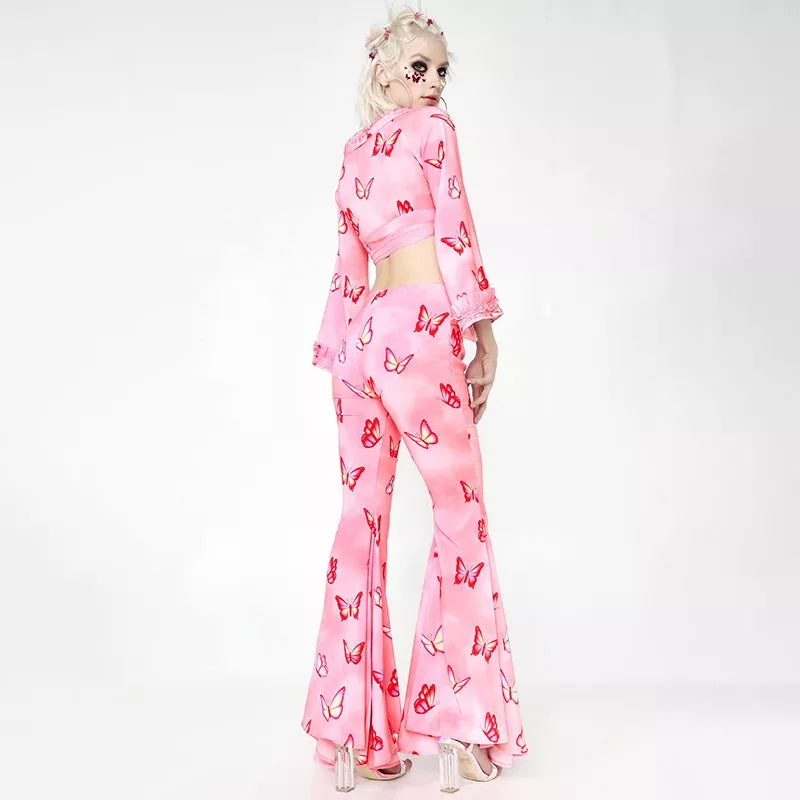 Pink Butterfly Low Waist Flare Bell Bottom Pants Rave Festival Aesthetic Casual E-Girl Kawaii Korean Japanese Harajuku