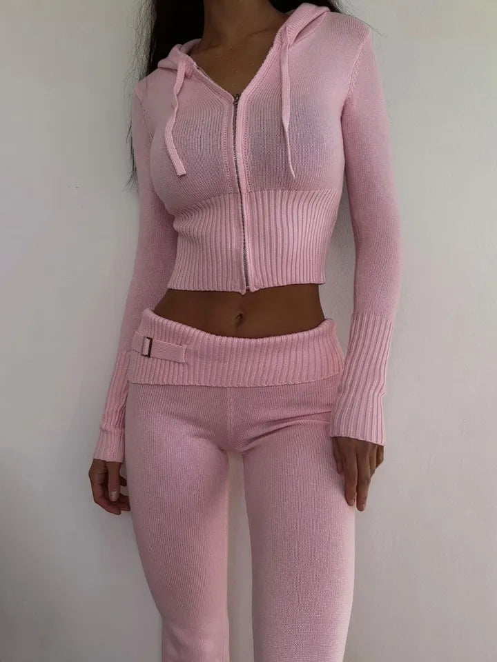 2PCS Pink Zipper Hoodie + Flare Pants Tracksuit Set
