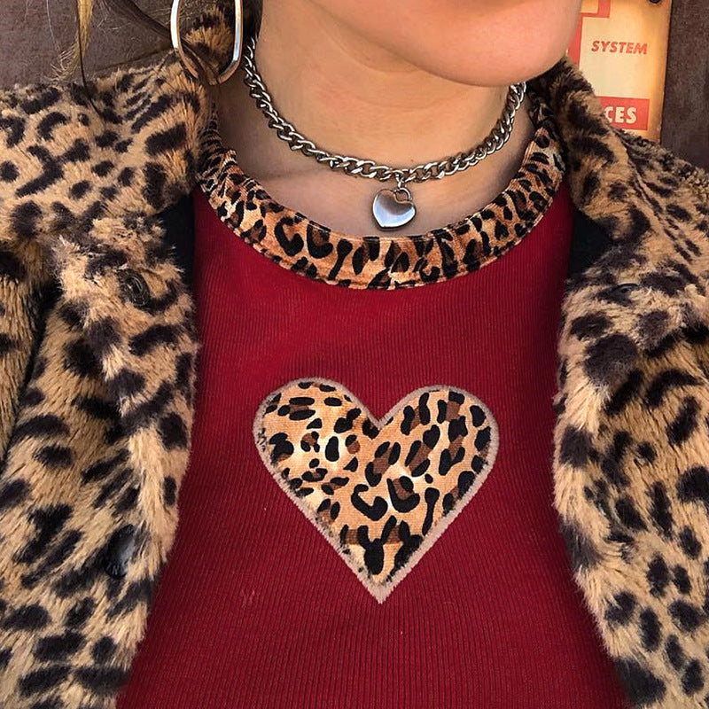 Cute Sexy Leopard Animal Print Heart Crop Top Short Sleeve Shirt Tee T-shirt E-Girl Kawaii Korean Japanese Harajuku Chinese Retro Streetwear Aesthetic