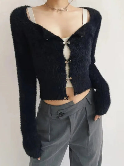 Fluffy Green Buckle Cropped Sweater