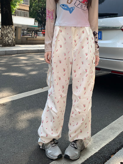 Floral Print Drawstring High Waist Pants