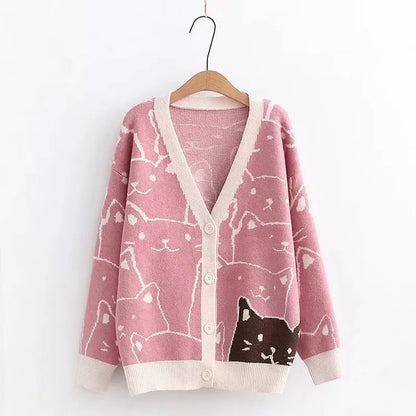Cat Print V Neck Sweater