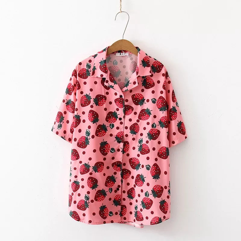 Cute Pink Strawberry Print Button Down Short Sleeve Shirt Blouse Aesthetic Casual Summer E-Girl Kawaii Korean Japanese Harajuku