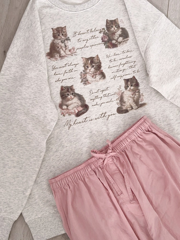 Cat Letter Print Loose Sweatshirt