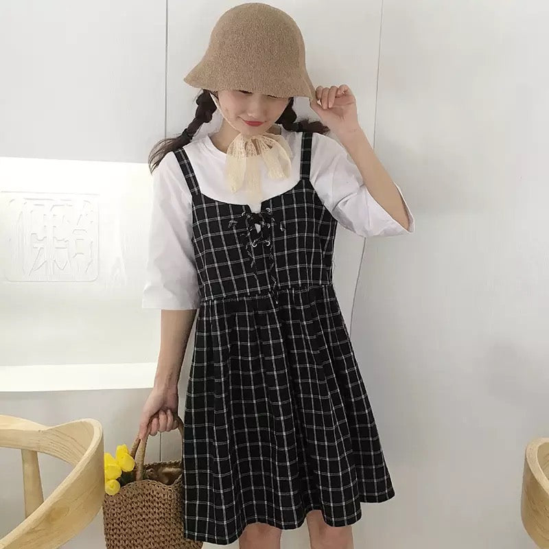 Cute Summer Preppy Loose Casual Plaid Checkered Tank Dress E-Girl Kawaii Korean Japanese Harajuku Retro Streetwear