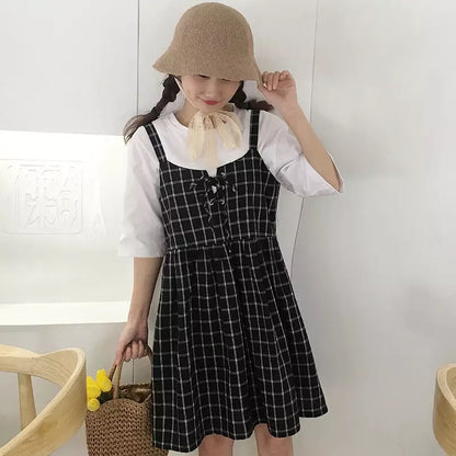 Cute Summer Preppy Loose Casual Plaid Checkered Tank Dress E-Girl Kawaii Korean Japanese Harajuku Retro Streetwear