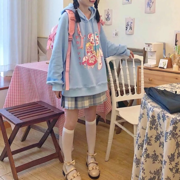 Cute Pastel Anime Girl Teddy Bear Cartoon Graphic Print Oversized Fleece Hoodie Sweatshirt Aesthetic Casual E-Girl Kawaii Korean Japanese Harajuku