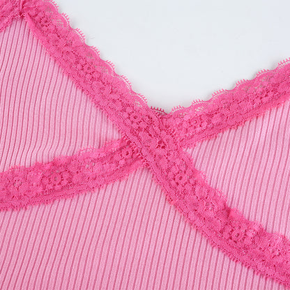 Cute Sexy Lace Patchwork Camisole Spaghetti Strap Crop Top Shirt Tee T-shirt E-Girl Kawaii Korean Japanese Harajuku Chinese Retro Streetwear Aesthetic