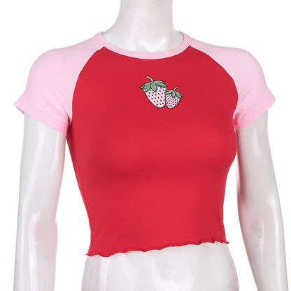 Cute Strawberry Embroidery Patchwork Short Sleeve Shirt Crop Top T-shirt Tee Casual Summer E-Girl Kawaii Korean Japanese Harajuku Streetwear