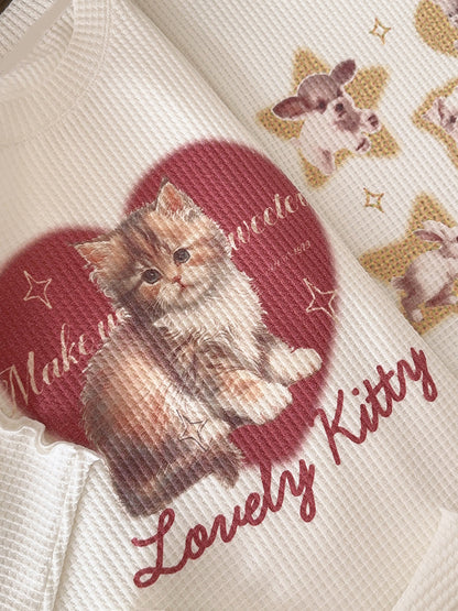 Cat Heart Print Ribbed Long Sleeve Shirt