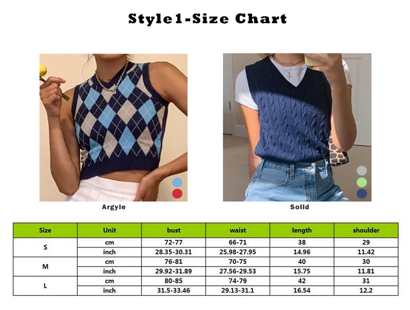 Vintage Plaid V Neck Sleeveless Sweater Vest Knit Crop Top Preppy Causal Pullover E-Girl Kawaii Korean Japanese Harajuku Streetwear