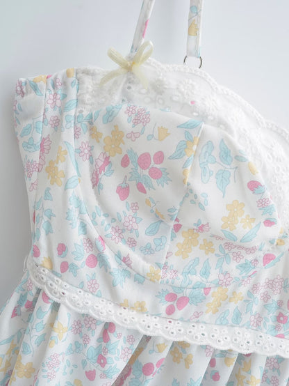 Floral Print Lace Trim Sling Dress