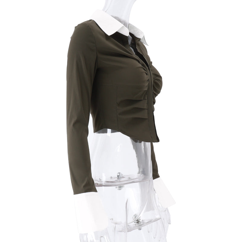 Polo Neck Low Cut Ruched Long Sleeve Crop Top