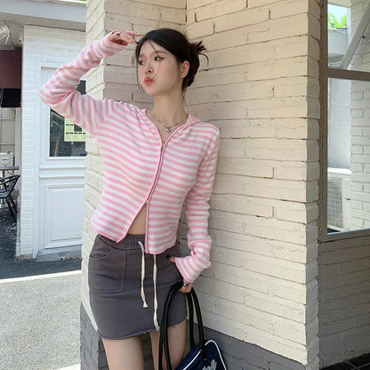 Pink Stripe Thin Zipper Jacket