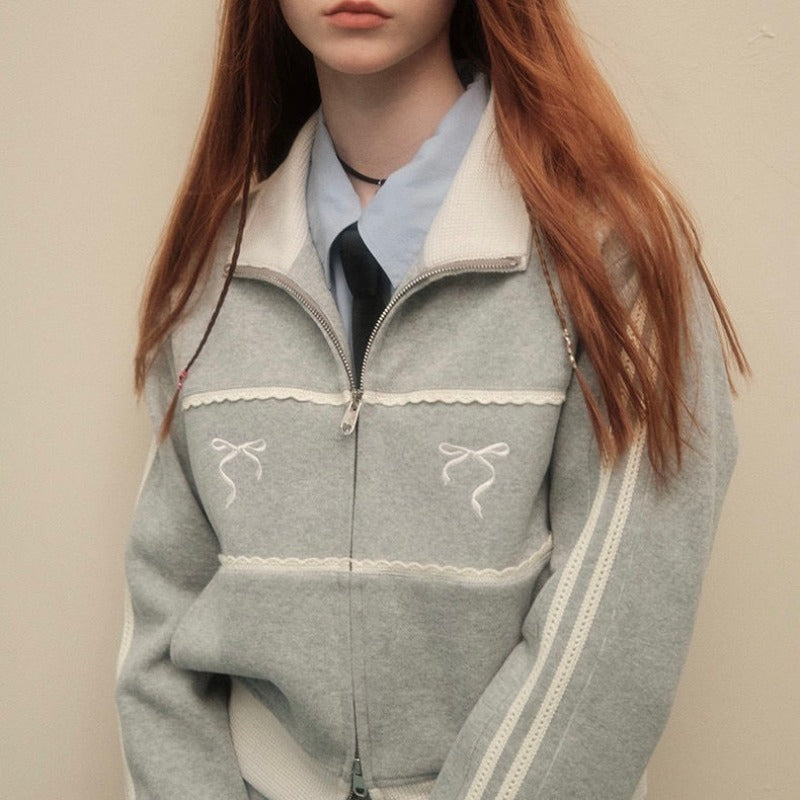 Grey Bow Embroidery Zipper Jacket