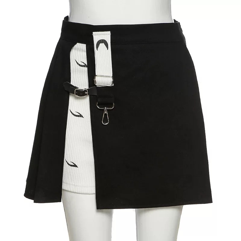 Cute Kpop Patchwork Buckle Cross Split High Waist Mini Skirt Goth Punk Streetwear Summer Aesthetic Casual E-Girl Kawaii Korean Japanese Harajuku