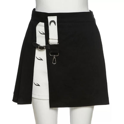 Cute Kpop Patchwork Buckle Cross Split High Waist Mini Skirt Goth Punk Streetwear Summer Aesthetic Casual E-Girl Kawaii Korean Japanese Harajuku