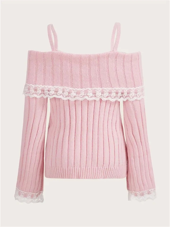 Pink Off Shoulder Bow Lace Sweater