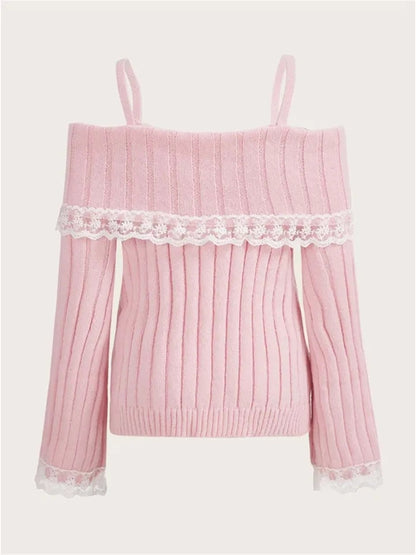 Pink Off Shoulder Bow Lace Sweater