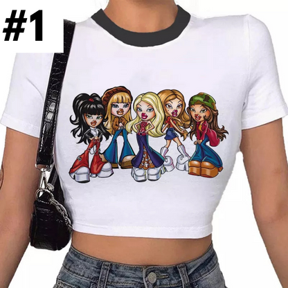 Doll Cartoon Graphic Print White Short Sleeve T-shirt
