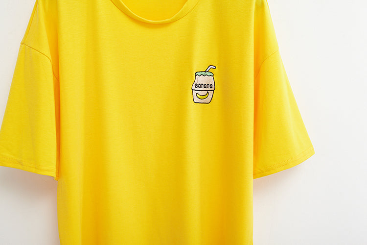 Cute Summer Banana Milk Drink Embroidery Yellow White Casual Short Sleeve Tee Shirt T-shirt Top E-Girl Kawaii Korean Japanese Harajuku Streetwear