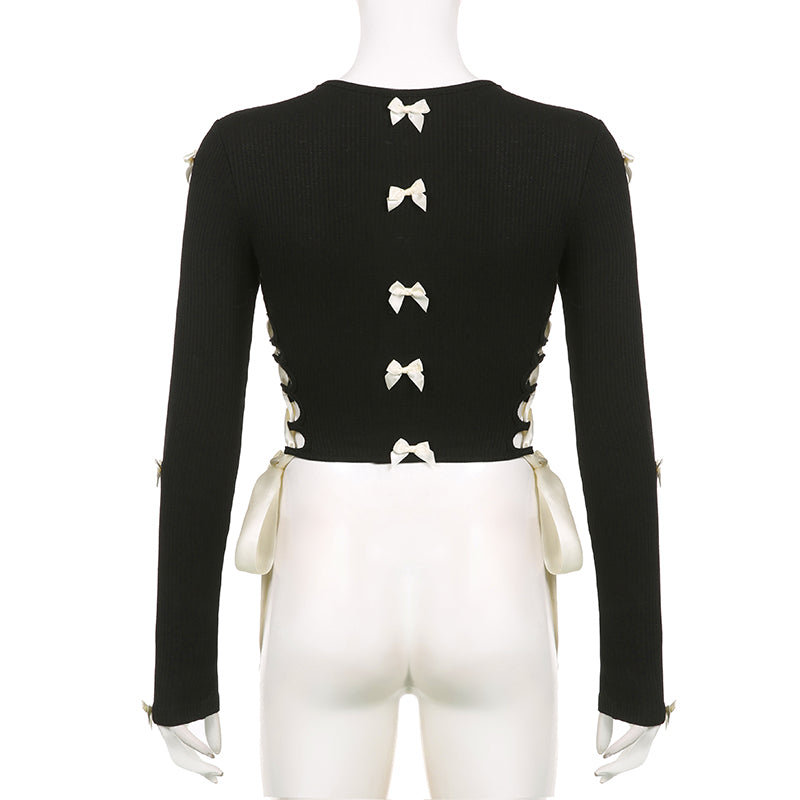 Black Bow Ribbon Hollow Out Knit Long Sleeve Shirt