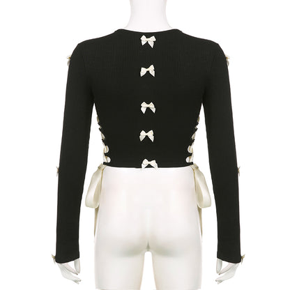 Black Bow Ribbon Hollow Out Knit Long Sleeve Shirt