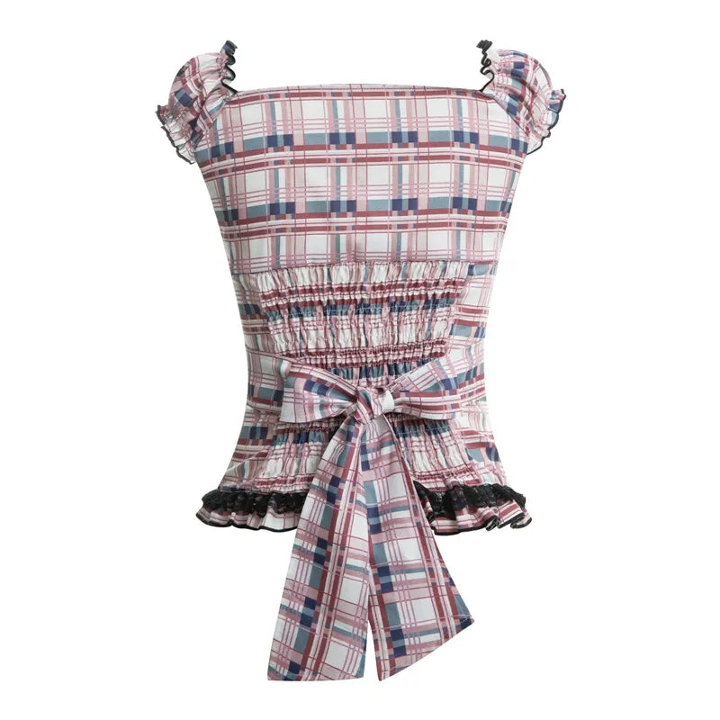 Plaid Ruffle Square V Neck Short Sleeve Top