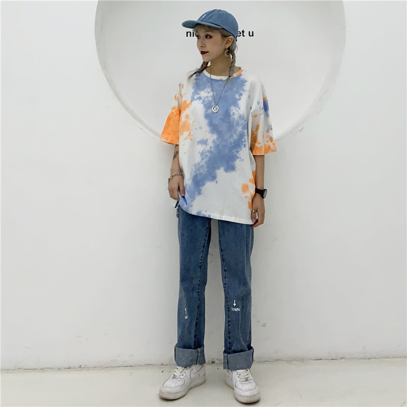 Cute Tie Dyed Hip Hop Casual Punk Goth Loose Oversized Short Sleeve Shirt Tee T-shirt E-Girl Kawaii Korean Japanese Harajuku Chinese Retro Streetwear