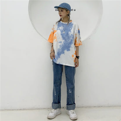 Cute Tie Dyed Hip Hop Casual Punk Goth Loose Oversized Short Sleeve Shirt Tee T-shirt E-Girl Kawaii Korean Japanese Harajuku Chinese Retro Streetwear