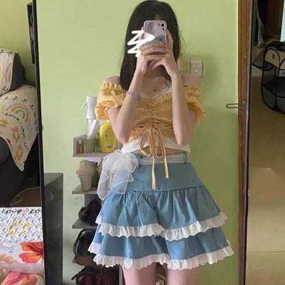 Blue Ruffle Lace Patchwork Mini Skirt