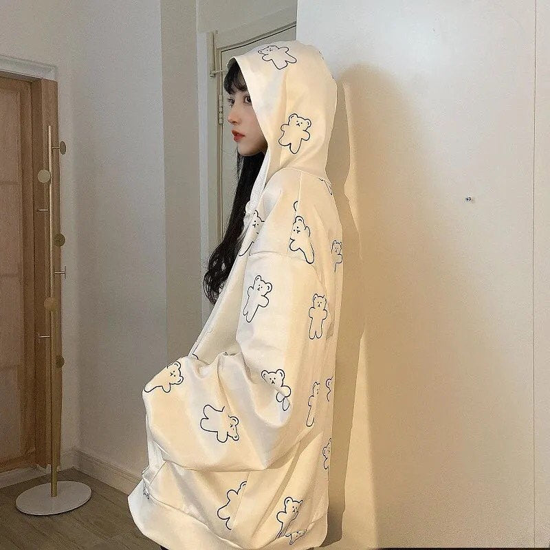 Cute Vintage Butterfly Print Oversize Zipper Hoodie Long Sleeve Pullover Jumper Autumn Aesthetic E-Girl Kawaii Korean Japanese Harajuku Streetwear